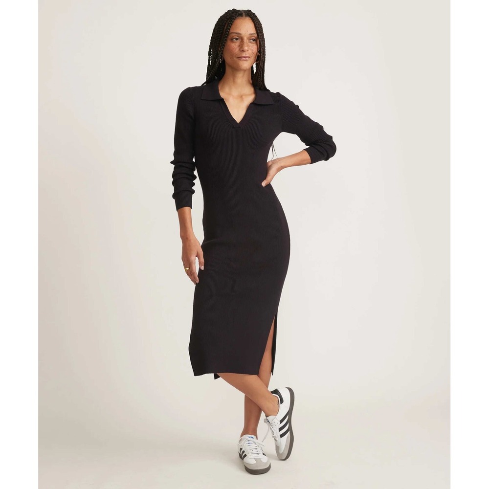 NWT Marine Layer Lexi Rib‎ Sweater Dress XL Deep Well Black Polo V-Neck Midi